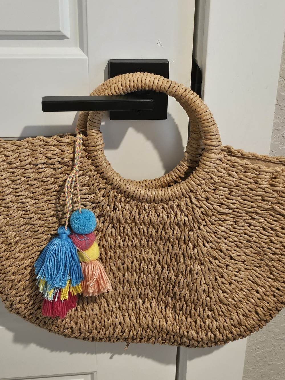 Woven Straw Handle Tote with Colorful Tassels - Natural